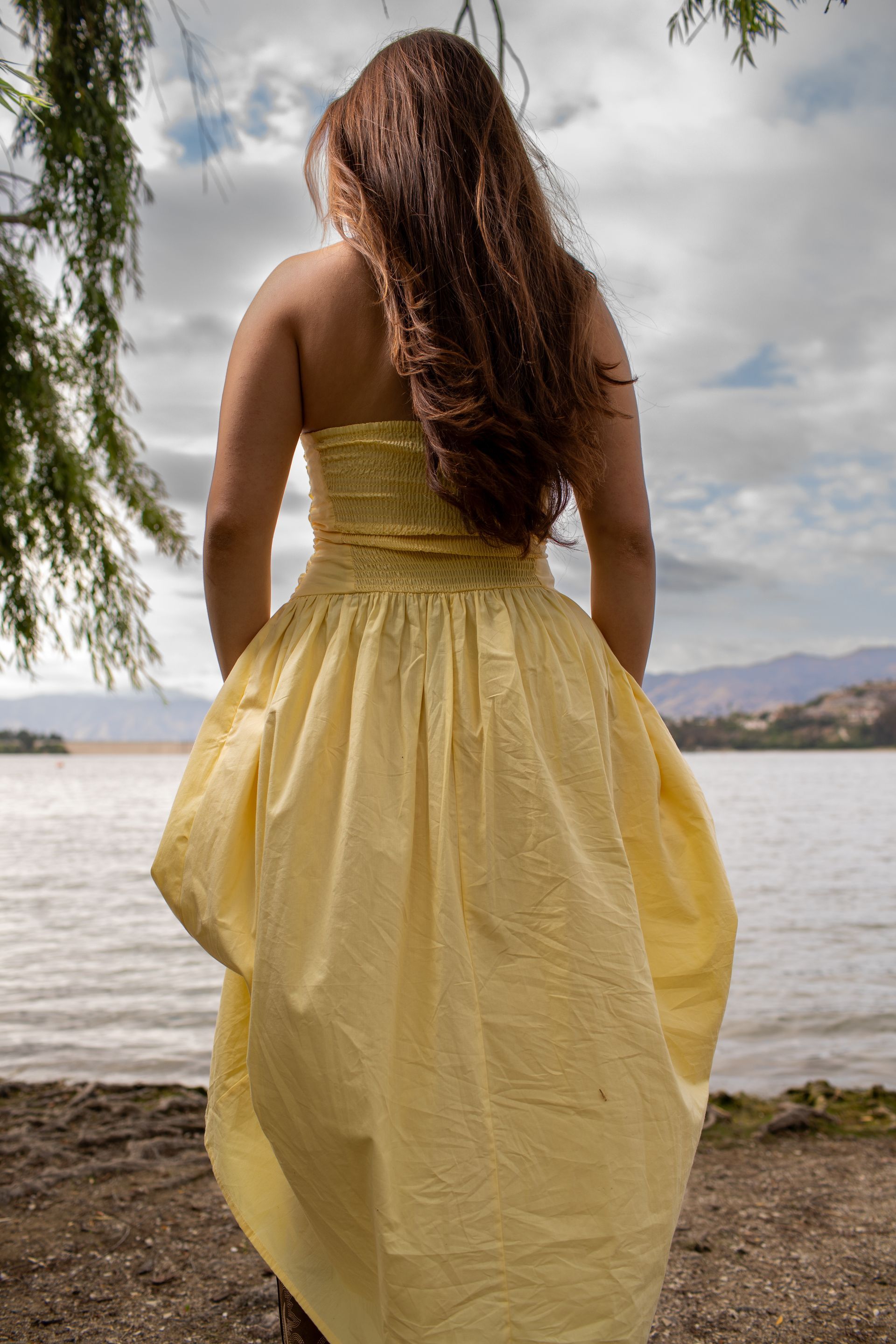 Person in a yellow dress standing by a lake, viewed from behind with mountains and cloudy sky in the background