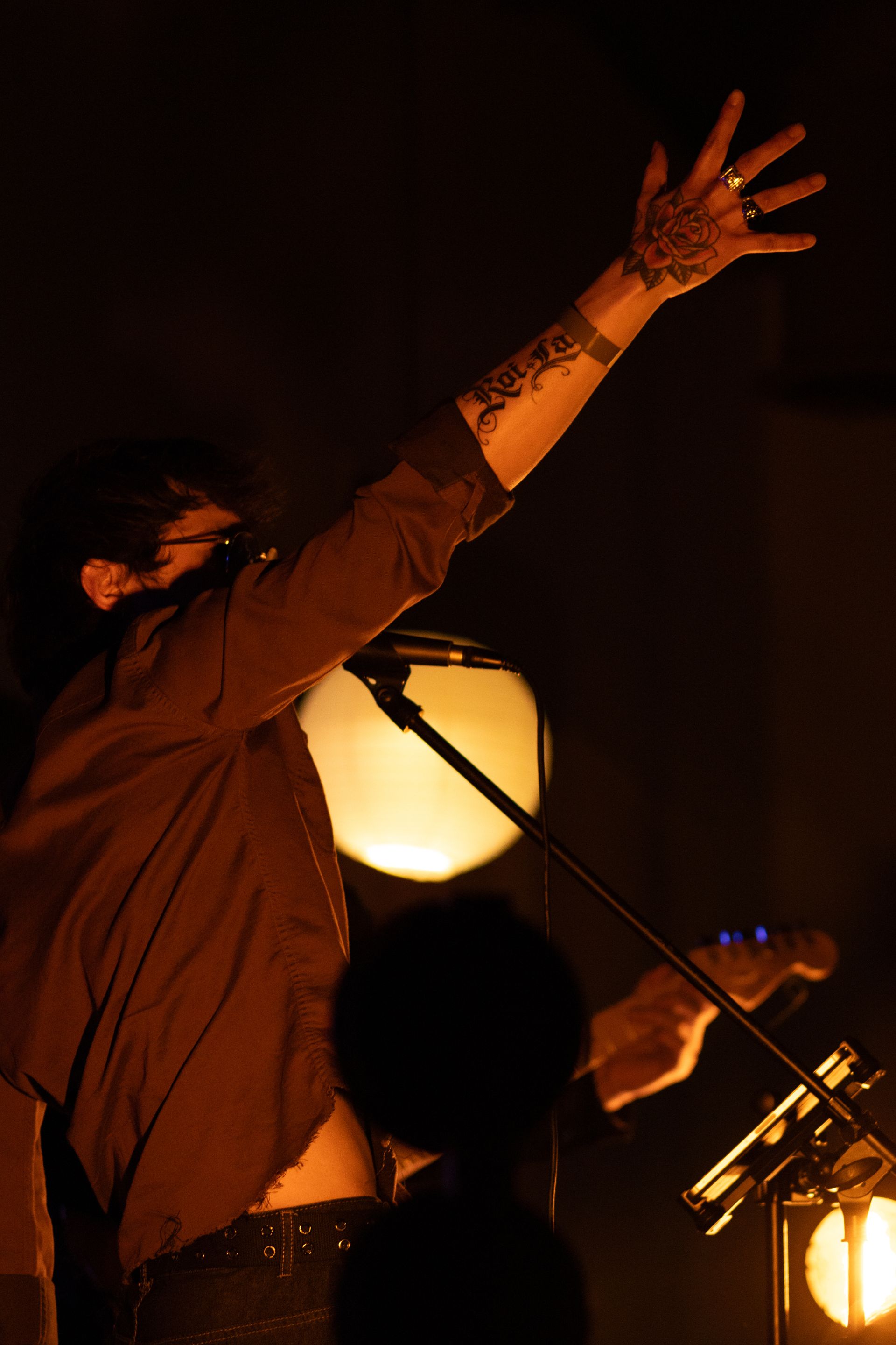 Singer on stage, arm raised under warm orange lights, performing into a microphone.