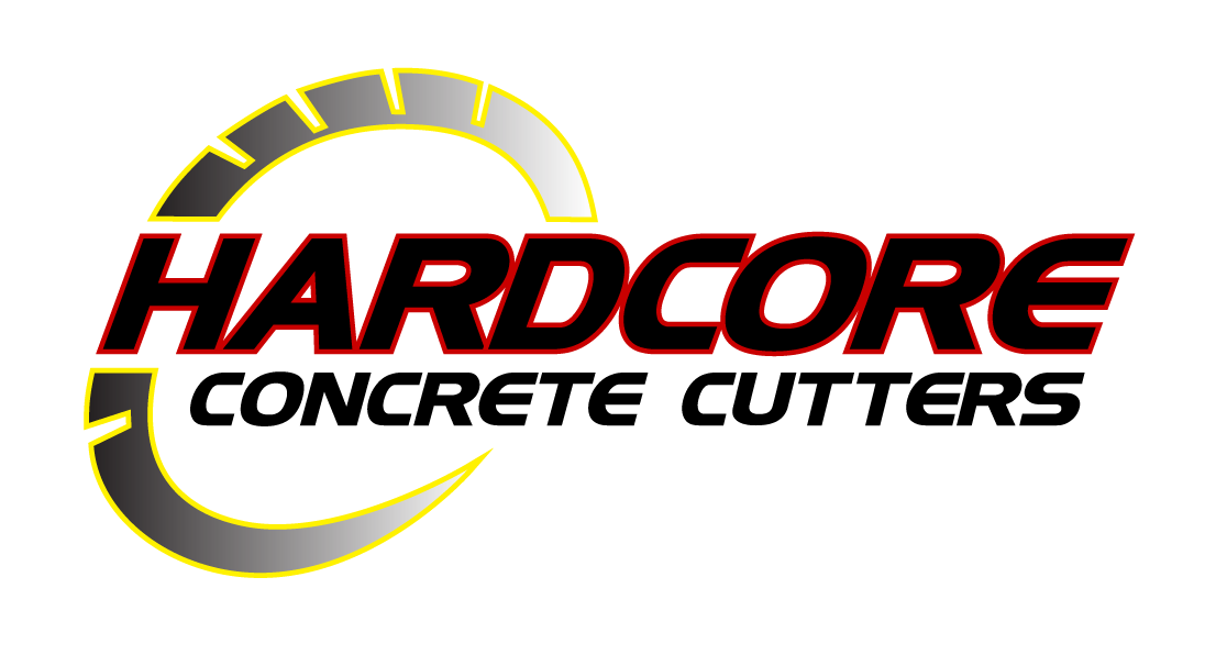 Logo for Hardcore Concrete Cutters. Red and black text with a yellow and gray curved design.