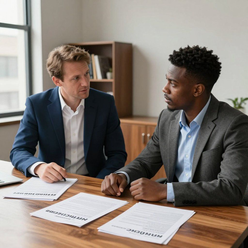 Two men in suits at a table reviewing documents, discussing, in an office setting.