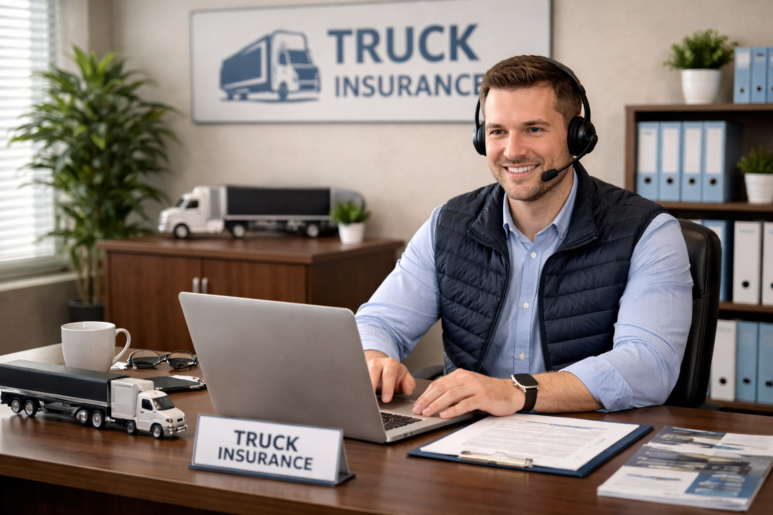 Man in office wearing headset, using laptop, and smiling. 