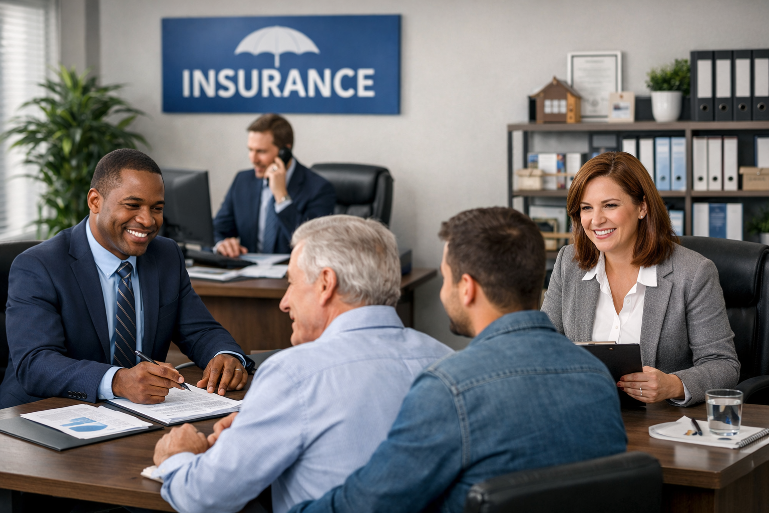 Insurance agents meeting with two clients in an office, discussing paperwork.