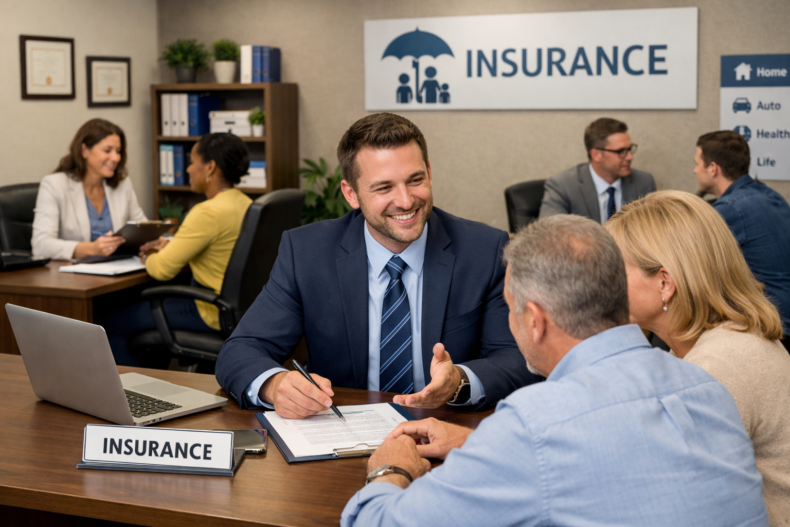 Insurance agents assisting clients in an office. People are seated at desks, reviewing documents and discussing insurance.
