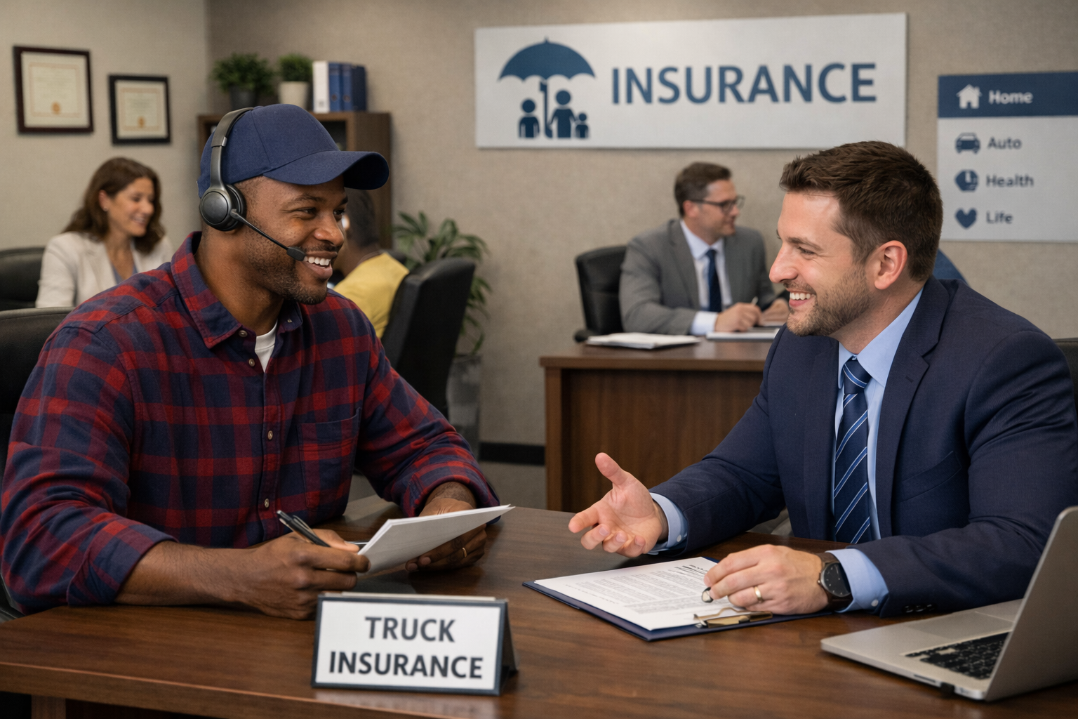 Man in a cap and headset discussing truck insurance with an insurance agent in an office.