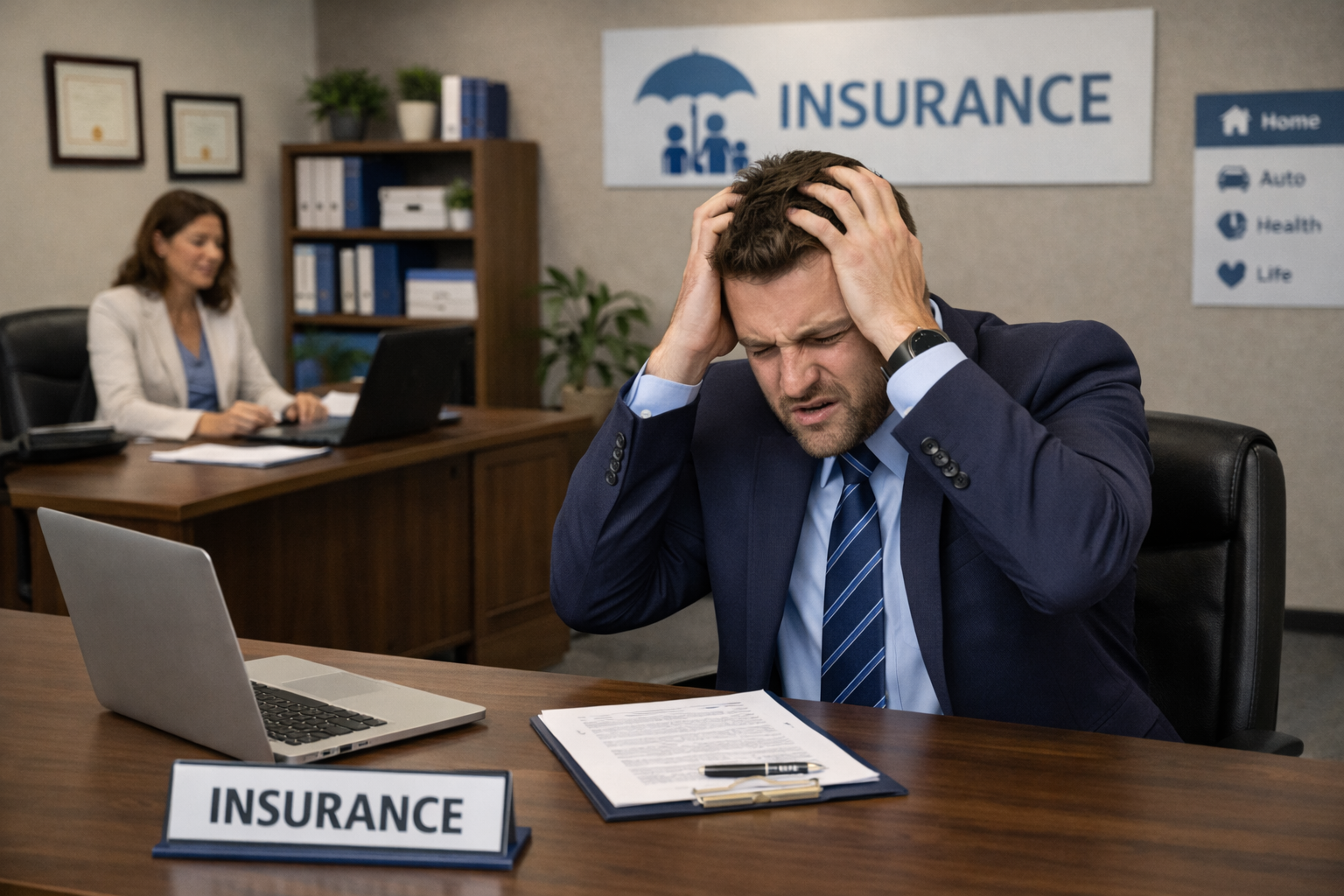 Man stressed at insurance office; holds head, paperwork on desk. Woman works at computer in background.