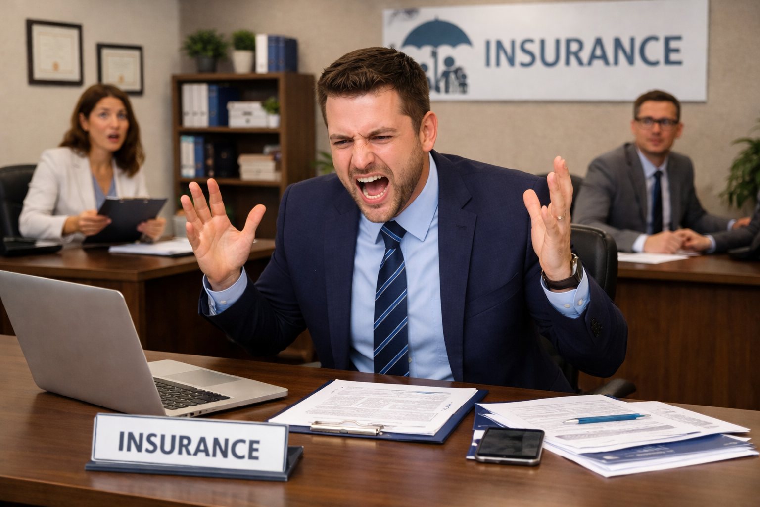 Man at desk in office, frustrated, gesturing with papers.