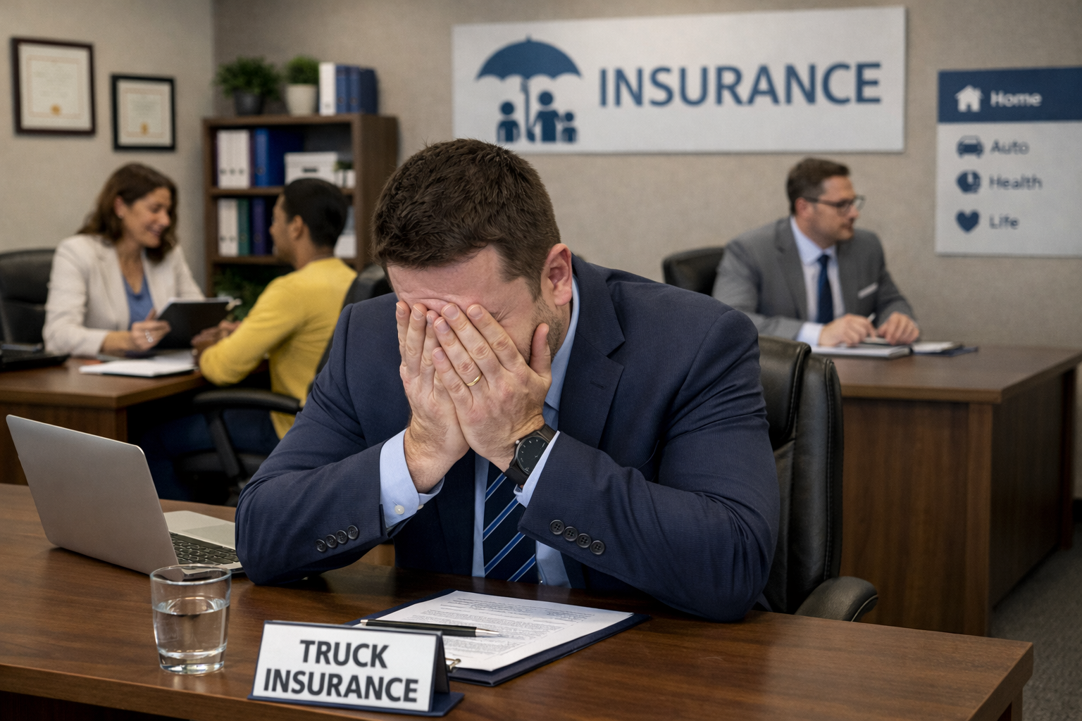 Man in suit at desk with hands on face, looking distressed; 