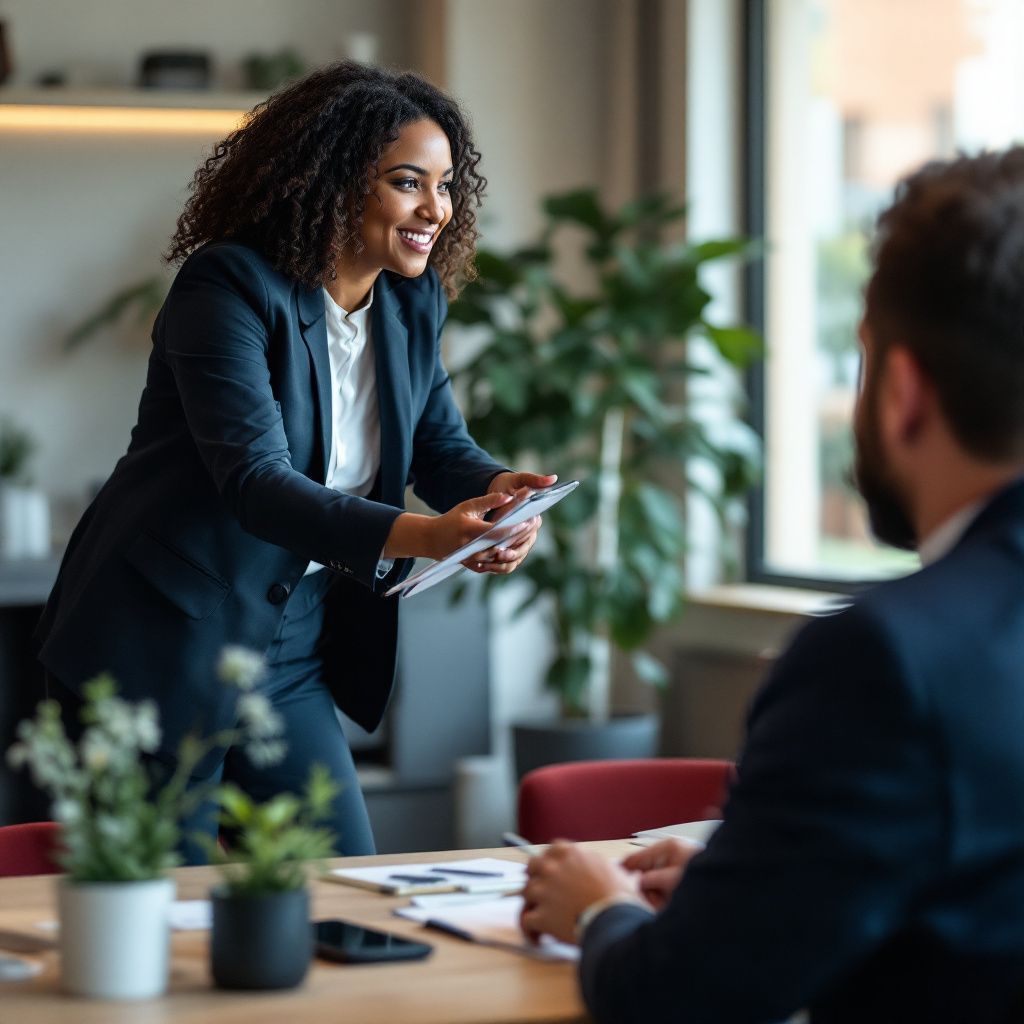 A woman is standing next to a man at a table holding a tablet.