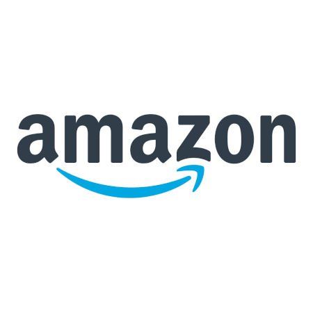 The amazon logo is black and blue with a blue arrow.