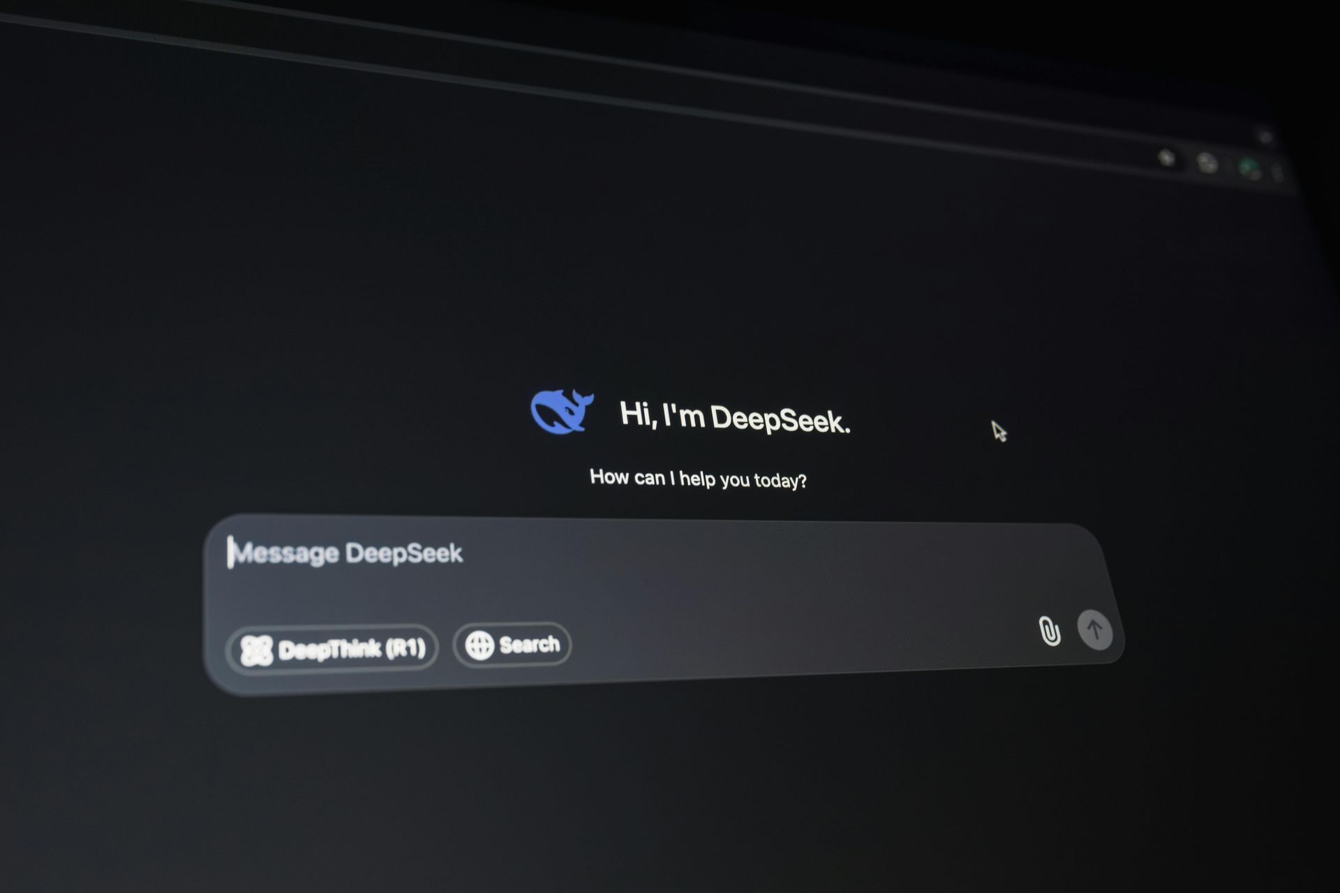 A dark-themed DeepSeek AI chat interface on a computer screen, displaying a prompt box with 