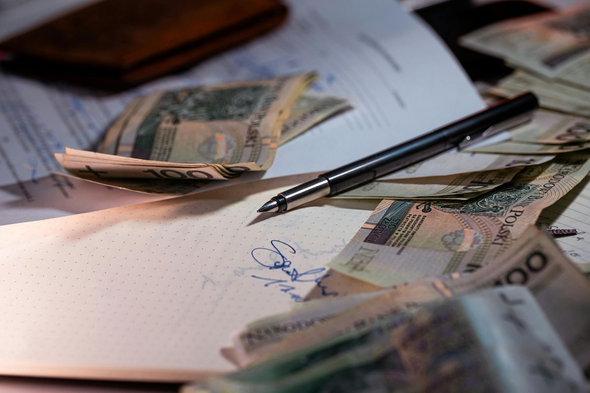 A black pen rests on a piece of paper with a handwritten signature, surrounded by scattered Polish Zloty banknotes.