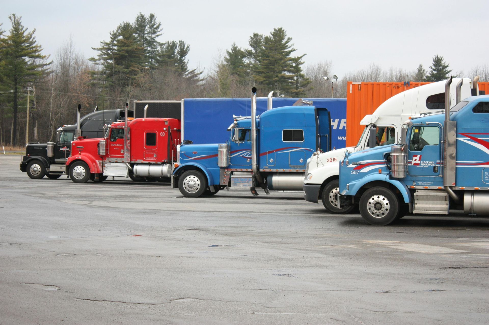 Semi-trucks parked in a lot, various colors including red, blue, and black, under an overcast sky.