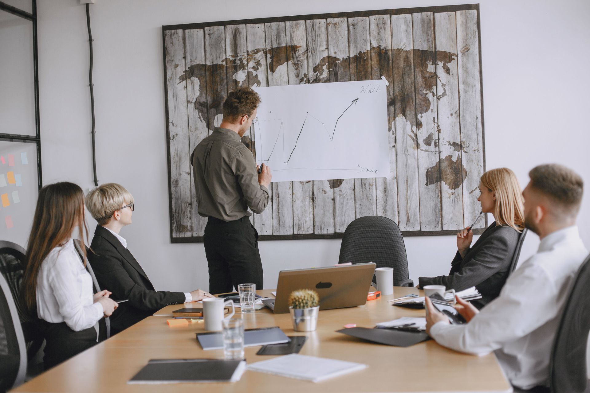 Business meeting with presenter explaining charts to seated colleagues in a conference room