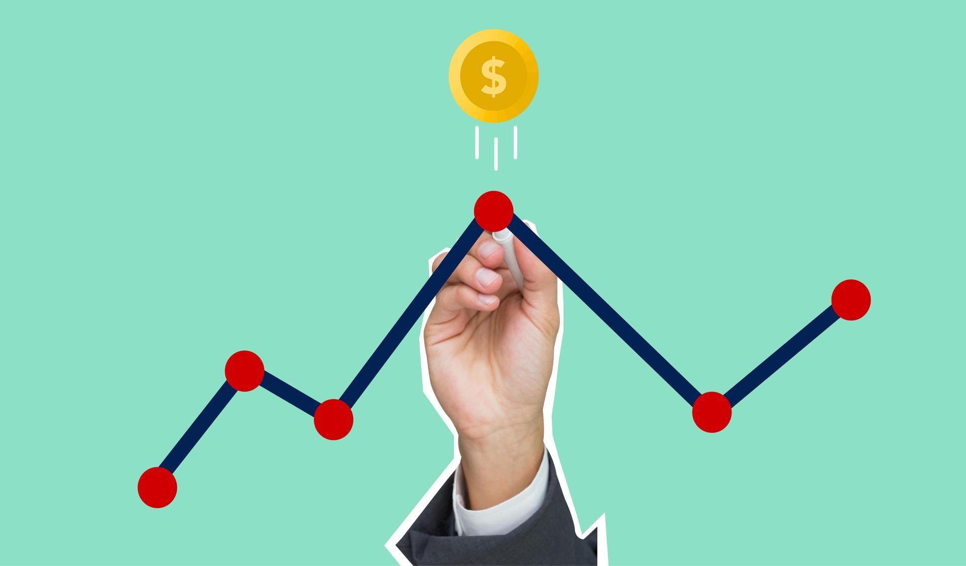 A hand in a business suit points to the peak of a dark blue line graph against a light green background with a gold coin.