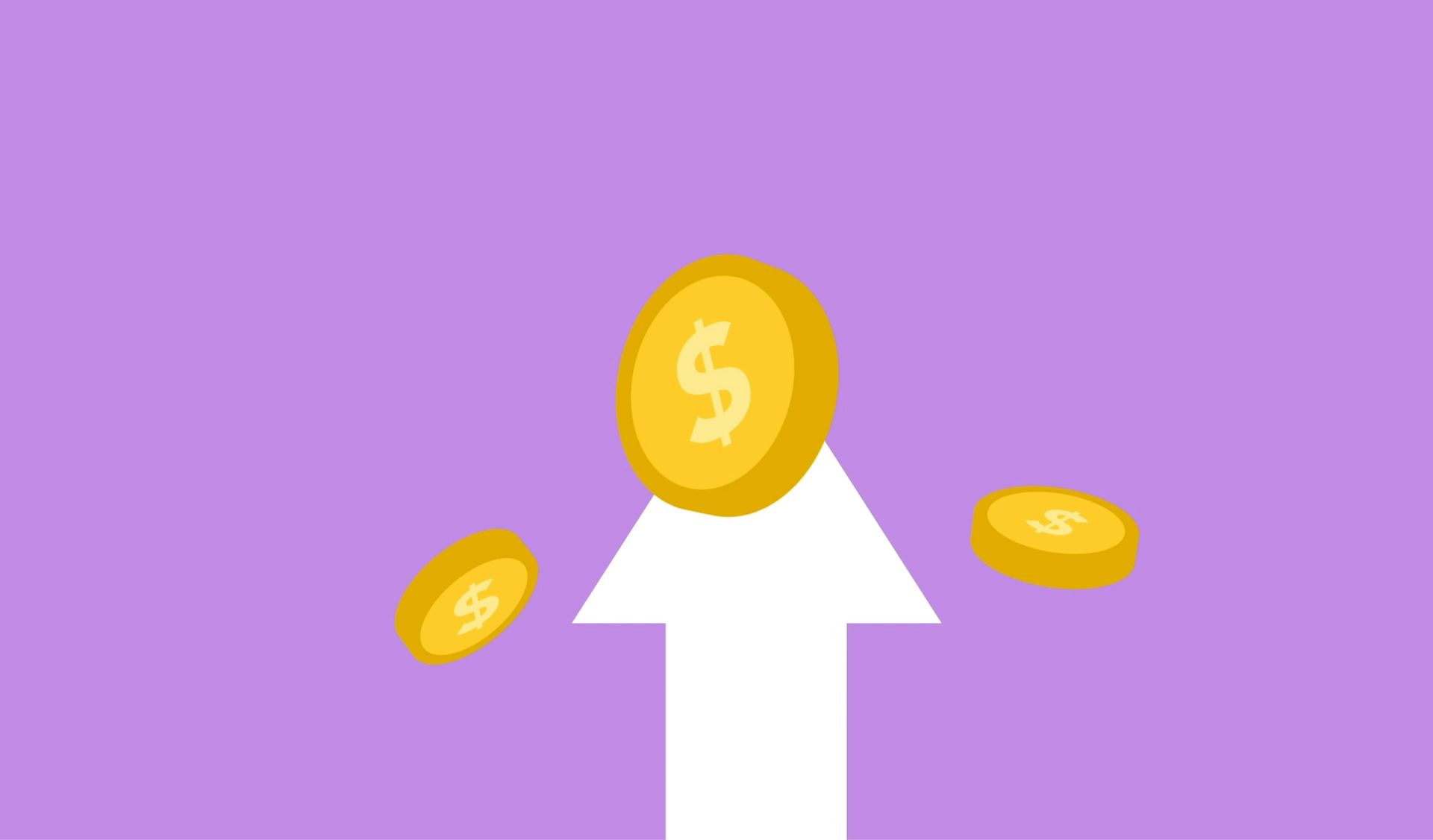 Gold coins rising upward with a white arrow on a purple background.