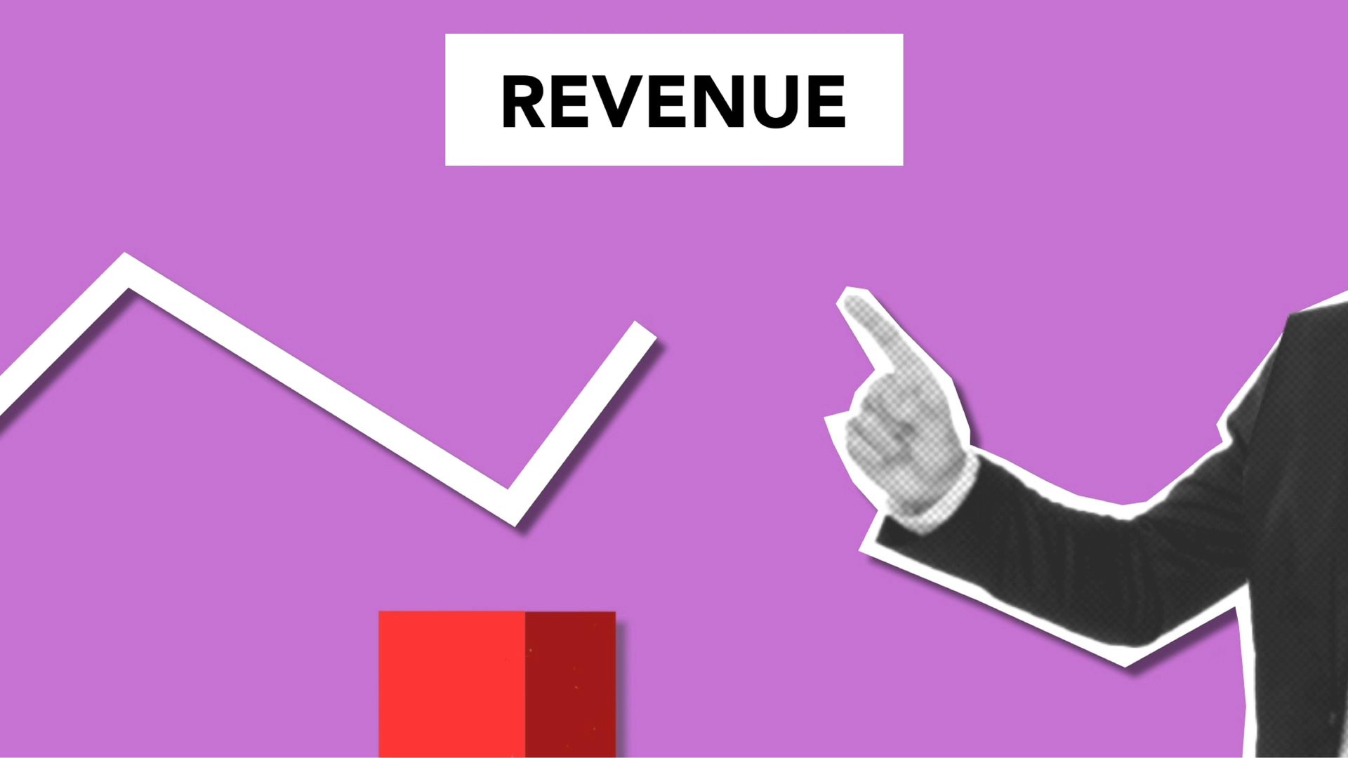 A person in a suit pointing toward a rising white line graph above a red bar on a purple background labeled REVENUE.