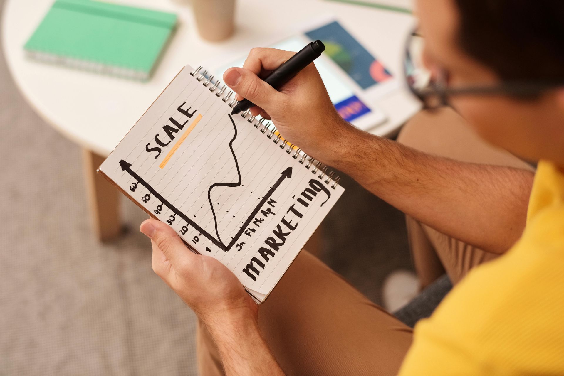 A person in a yellow shirt drawing a growth graph labeled 
