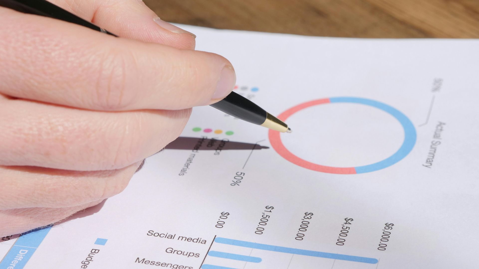 A hand holding a pen points to a donut chart and business data report on a desk.