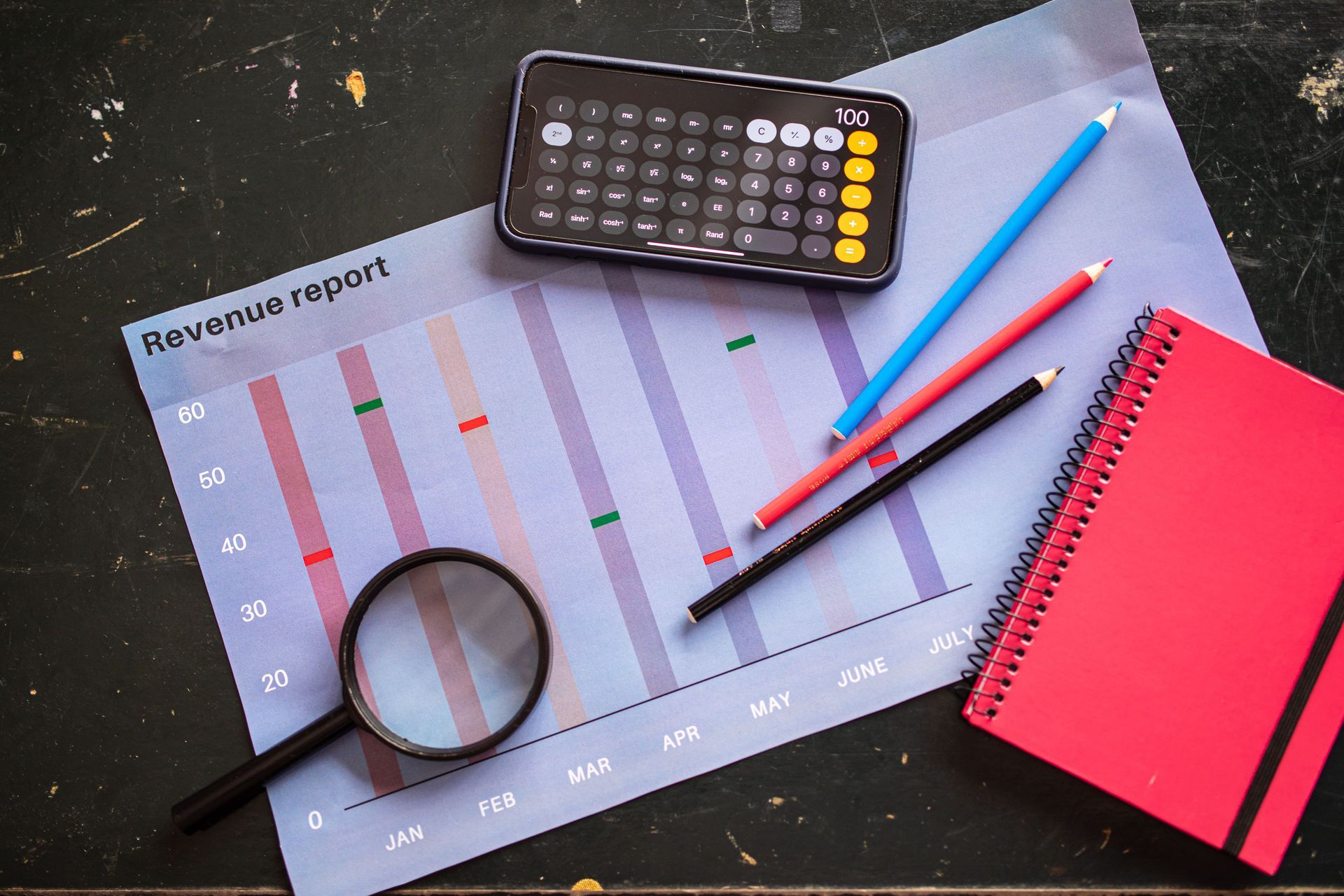 Spreadsheet with magnifying glass, calculator, pens, and red notebook on a desk