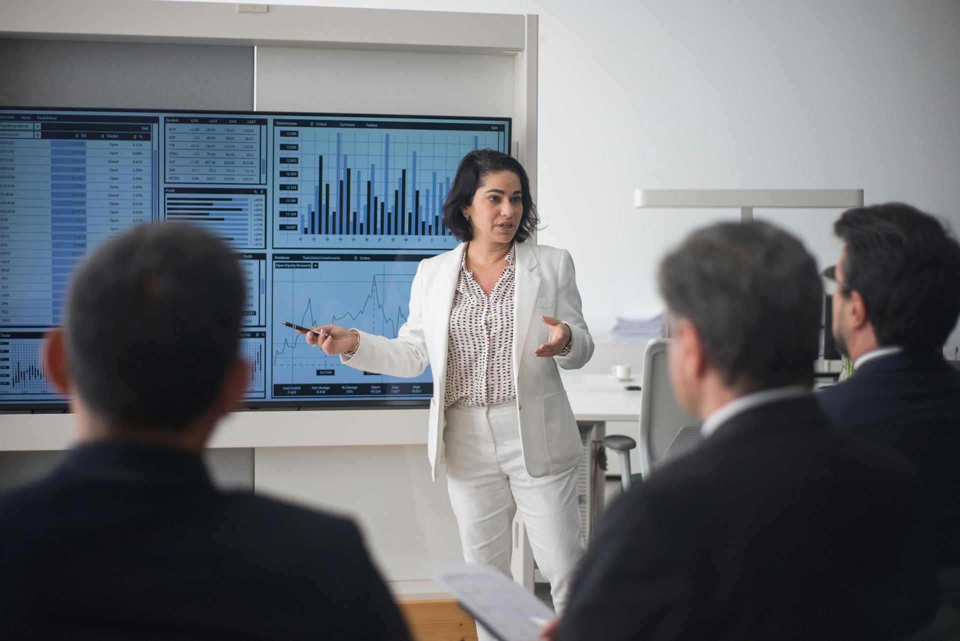 A person in a white suit presents data on a large screen to colleagues in a modern office.
