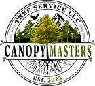 Canopy Masters Tree Service LLC logo: Tree, mountains, bird, green and black, established 2025.