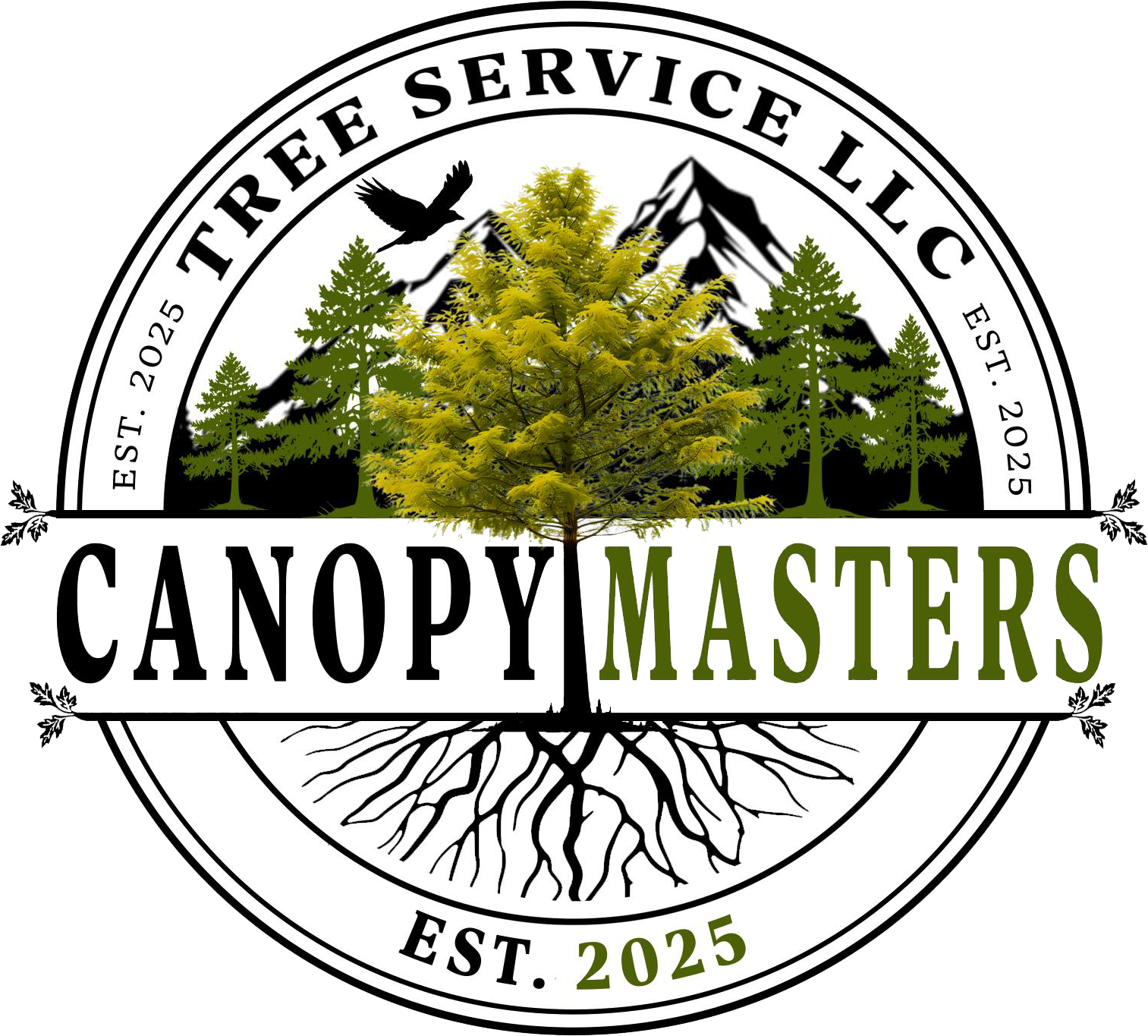 Canopy Masters Tree Service LLC logo: Tree, mountains, bird, green and black, established 2025.