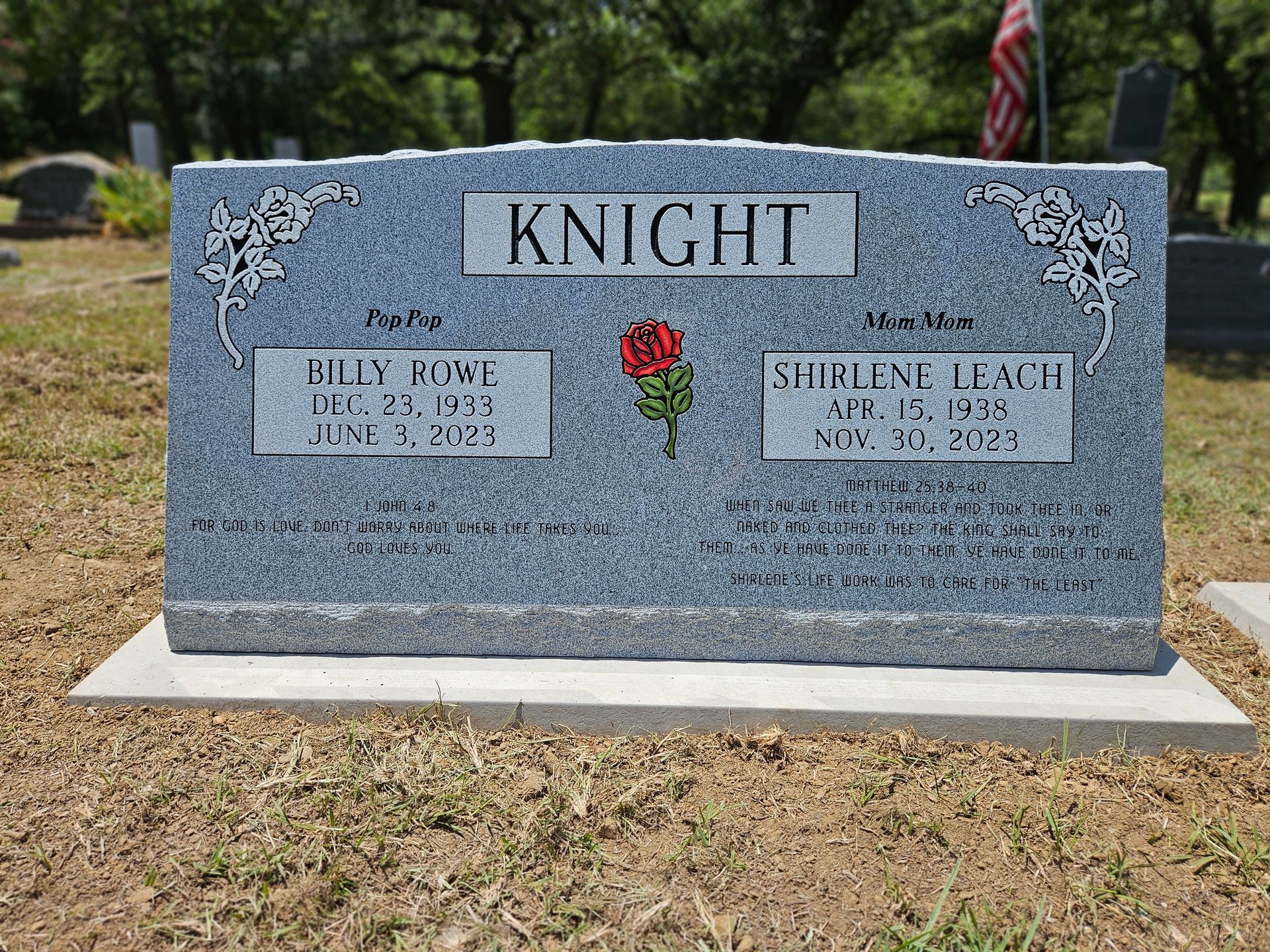A gravestone in a cemetery with the name knight on it.