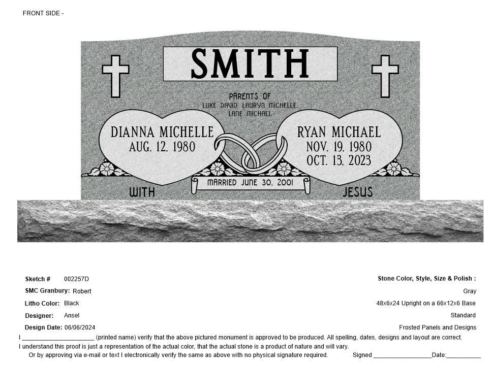 A black and white photo of a gravestone for smith and dianna michelle.