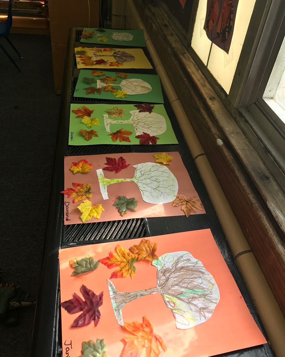 A Row of Paintings of Trees and Leaves on A Table