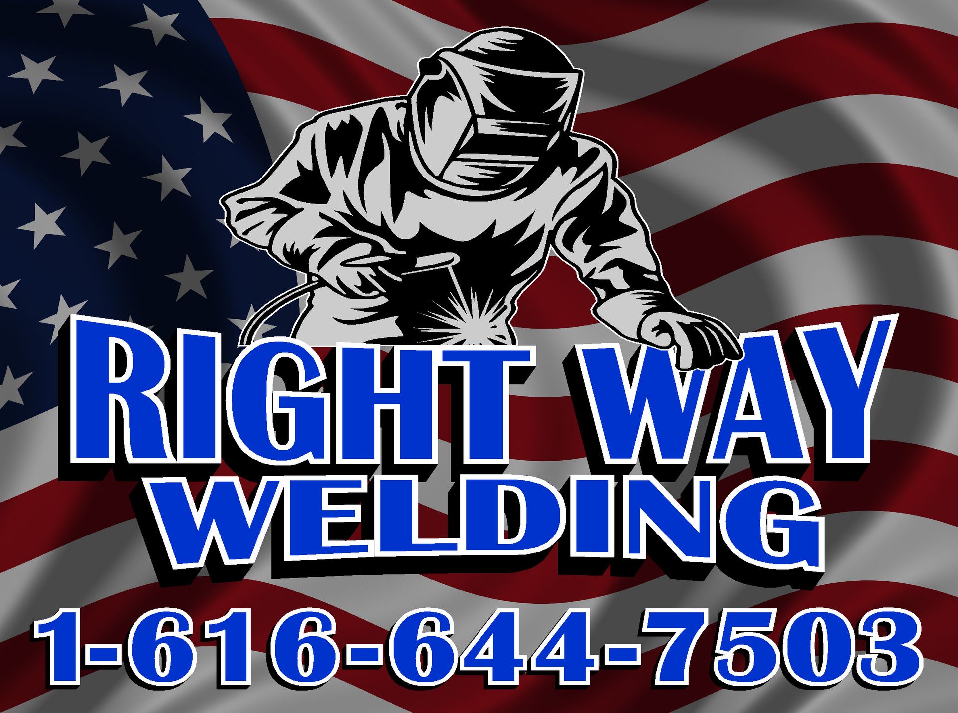 Welder with welding torch, sparks, working on a golden cross, within a red circle, text