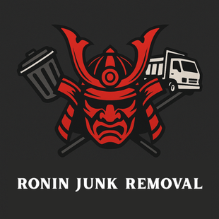 A logo for ronin junk removal with a samurai helmet