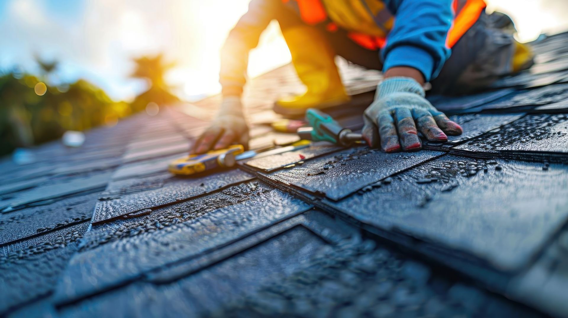 A man is working on a roof with a pair of pliers.