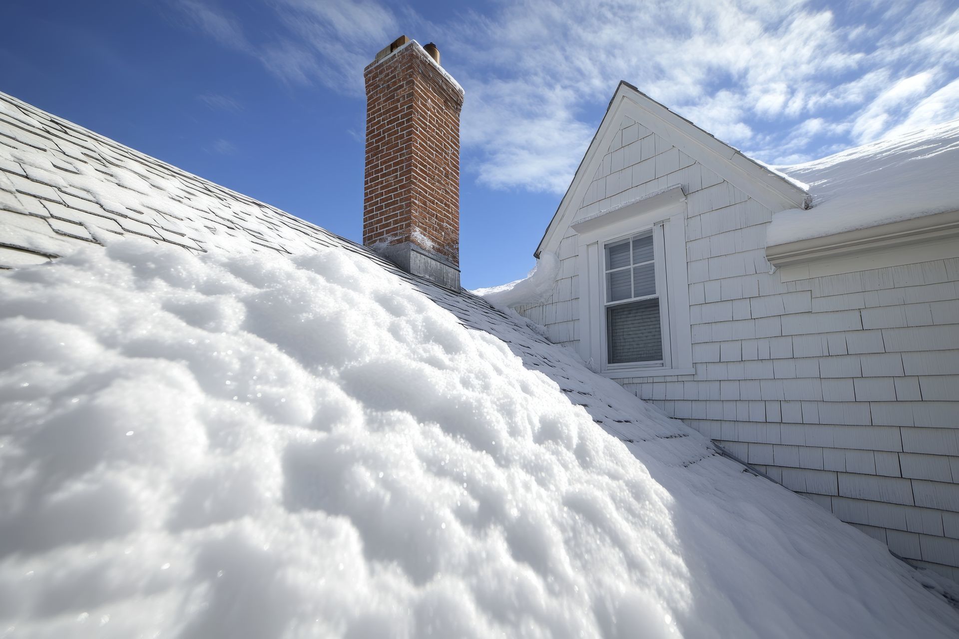 Un gros tas de neige sur le toit d'une maison