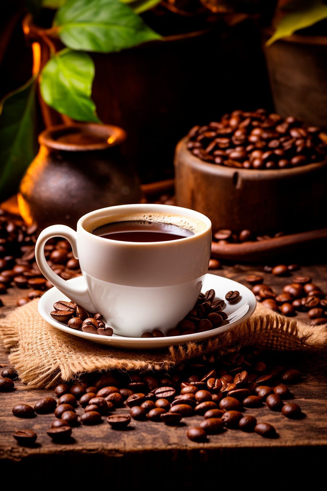 Taza de café con platillo, rodeada de granos de café sobre una mesa de madera.