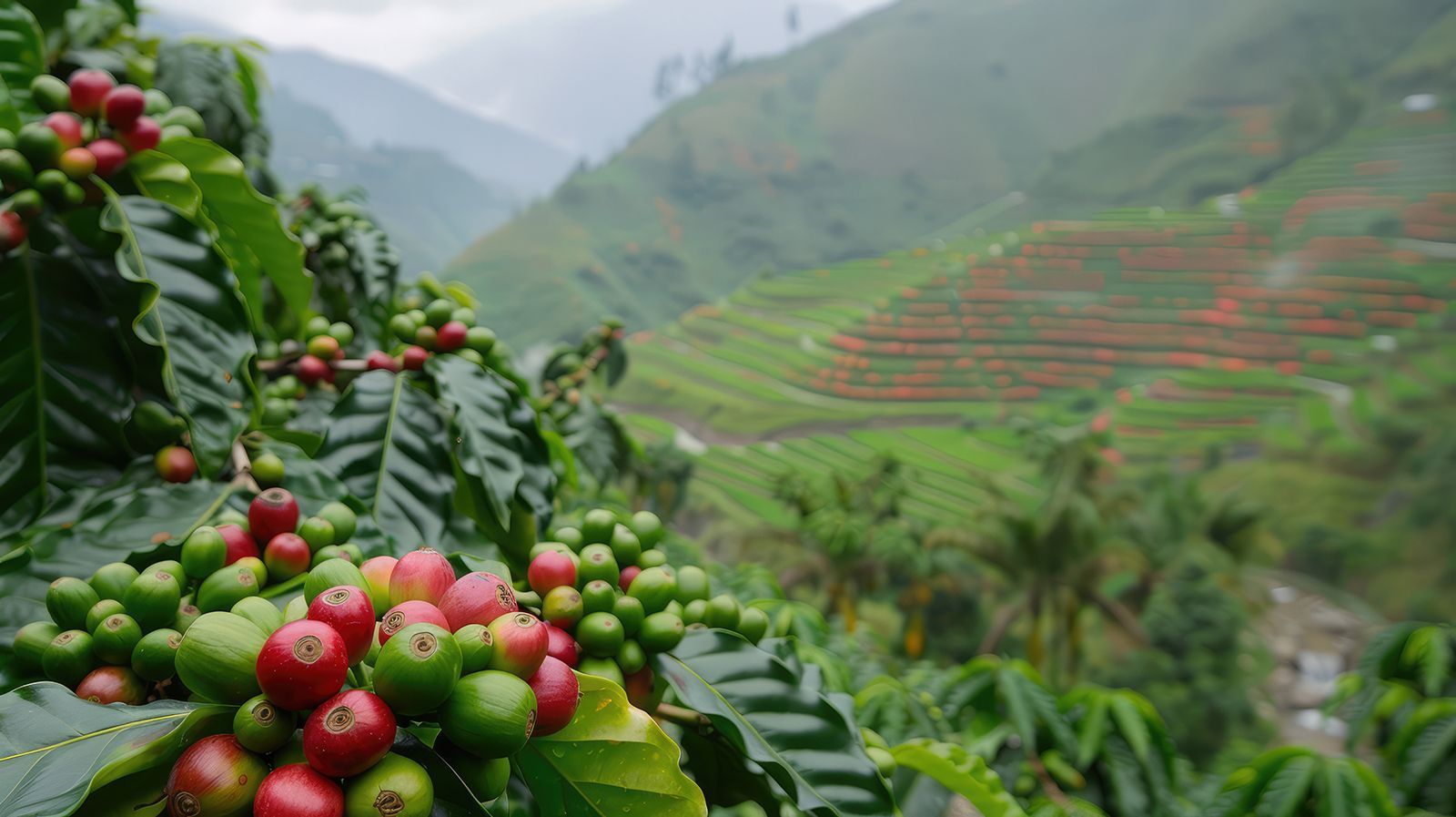 Planta de café con cerezas de café rojas y verdes maduras, con vista a una ladera con terrazas.