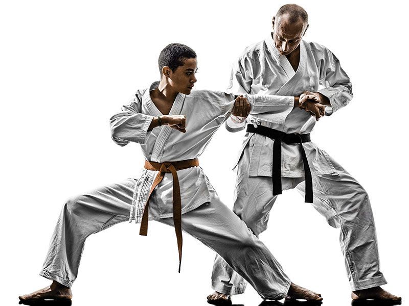 A man and a boy are practicing karate together.