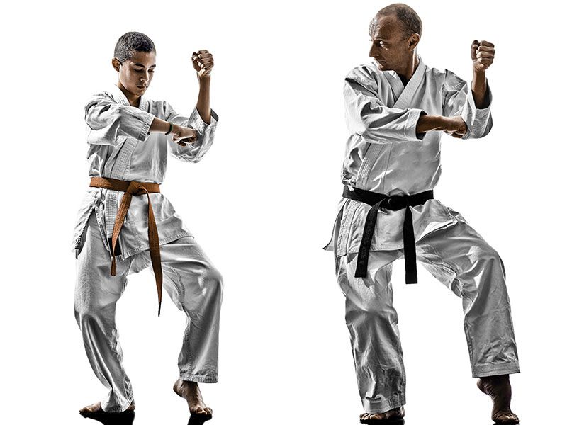 A man and a boy are practicing karate on a white background.
