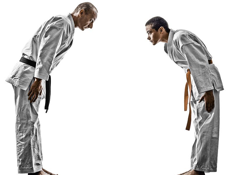 Two men in karate uniforms are bowing to each other.