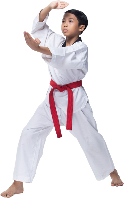 A young boy in a white karate uniform with a red belt