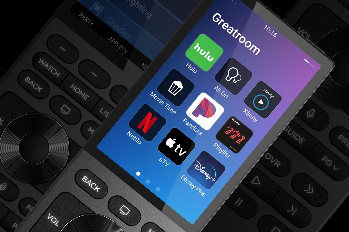 A remote control with a screen that says greatroom