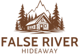 The logo for false river hideaway shows a log cabin surrounded by trees and mountains.