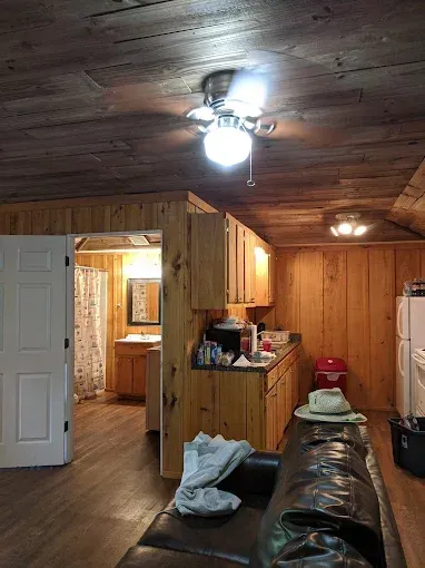 A living room with a couch and a ceiling fan.