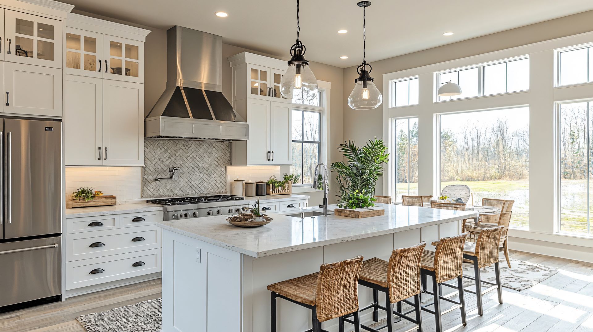 A kitchen with white cabinets and a large island in the middle.