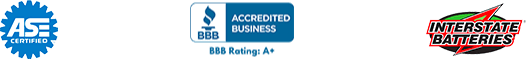 ASE certified, BBB Accredited business, Interstate Batteries logos