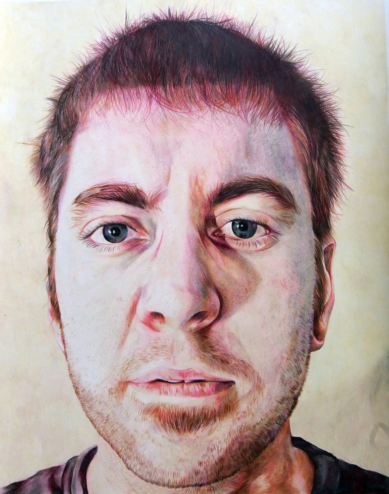 Color pencil Drawing, Portrait, Drawing, Realism, Chuck Close Front view.
