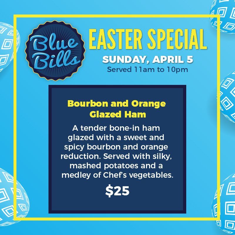 Blue Bills January Specials
Bacon Florentine Omelet
Available from 7am – 11am
Fluffy fresh eggs folded with crisp bacon, sautéed spinach and melted Swiss. Finished with hollandaise sauce and topped with avocado. Served with a side of hash browns and toast. $16                                                                                                
Waldorf Salad
Available from 11am — 10pm
A crisp, bright medley of diced green apples, juicy grapes, and sweet pears, tossed with tender celery and crunchy toasted walnuts. Served with a light, honey-yogurt dressing and tossed with fresh spinach, creating a refreshing balance of sweet, tart, and nutty notes. $18
Teriyaki Chicken Stir-fry
Available from 4pm to 10pm 
Succulent chicken bites are seared to a perfect golden crust, then bathed in a glossy teriyaki glaze with red bell peppers, snap peas, julienned carrots, and crunchy water chestnuts. Served over silky Yakisoba noodles, this dish delivers a harmonious blend of sweet, savory, and umami with every bite. $22