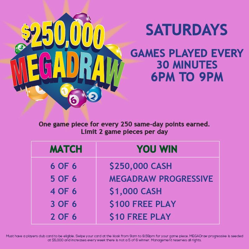 SATURDAY
$250,000 MEGADRAW
One game piece for every 250 same-day points earned.
Limit 2 game pieces per day. Match 6 of 6 to win $250,000 CASH!