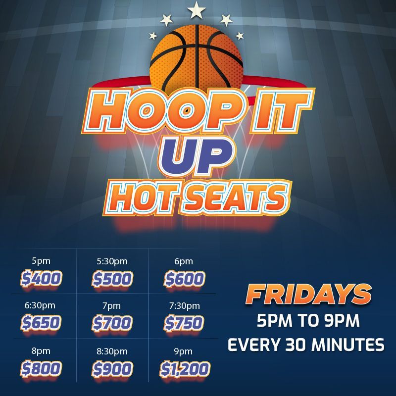 Cash Party
FRIDAYS
Five $1,000 Cash Prizes!
Drawings every 30 minutes from 7pm to 9pm.
One entry for every 150 same-day points earned on Fridays. Plus, purchase one entry for every 250 points redeemed.
Limit 50 purchased entries. Must activate entries by swiping at the kiosk from 5pm to 8:59pm on Fridays. Must be present to win.