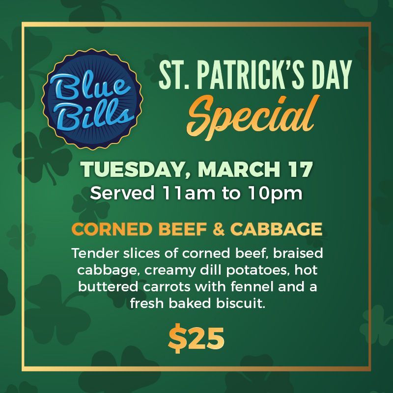Blue Bills January Specials
Bacon Florentine Omelet
Available from 7am – 11am
Fluffy fresh eggs folded with crisp bacon, sautéed spinach and melted Swiss. Finished with hollandaise sauce and topped with avocado. Served with a side of hash browns and toast. $16
Waldorf Salad
Available from 11am — 10pm
A crisp, bright medley of diced green apples, juicy grapes, and sweet pears, tossed with tender celery and crunchy toasted walnuts. Served with a light, honey-yogurt dressing and tossed with fresh spinach, creating a refreshing balance of sweet, tart, and nutty notes. $18
Teriyaki Chicken Stir-fry
Available from 4pm to 10pm
Succulent chicken bites are seared to a perfect golden crust, then bathed in a glossy teriyaki glaze with red bell peppers, snap peas, julienned carrots, and crunchy water chestnuts. Served over silky Yakisoba noodles, this dish delivers a harmonious blend of sweet, savory, and umami with every bite. $22