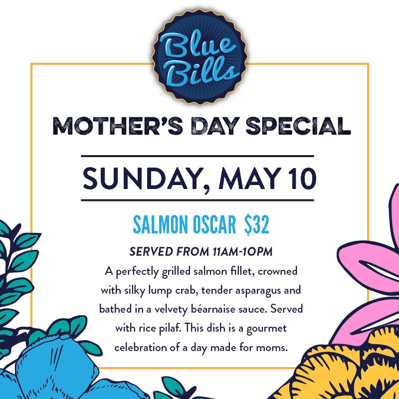 Blue Bills January Specials
Bacon Florentine Omelet
Available from 7am – 11am
Fluffy fresh eggs folded with crisp bacon, sautéed spinach and melted Swiss. Finished with hollandaise sauce and topped with avocado. Served with a side of hash browns and toast. $16                                                                                                
Waldorf Salad
Available from 11am — 10pm
A crisp, bright medley of diced green apples, juicy grapes, and sweet pears, tossed with tender celery and crunchy toasted walnuts. Served with a light, honey-yogurt dressing and tossed with fresh spinach, creating a refreshing balance of sweet, tart, and nutty notes. $18
Teriyaki Chicken Stir-fry
Available from 4pm to 10pm 
Succulent chicken bites are seared to a perfect golden crust, then bathed in a glossy teriyaki glaze with red bell peppers, snap peas, julienned carrots, and crunchy water chestnuts. Served over silky Yakisoba noodles, this dish delivers a harmonious blend of sweet, savory, and umami with every bite. $22